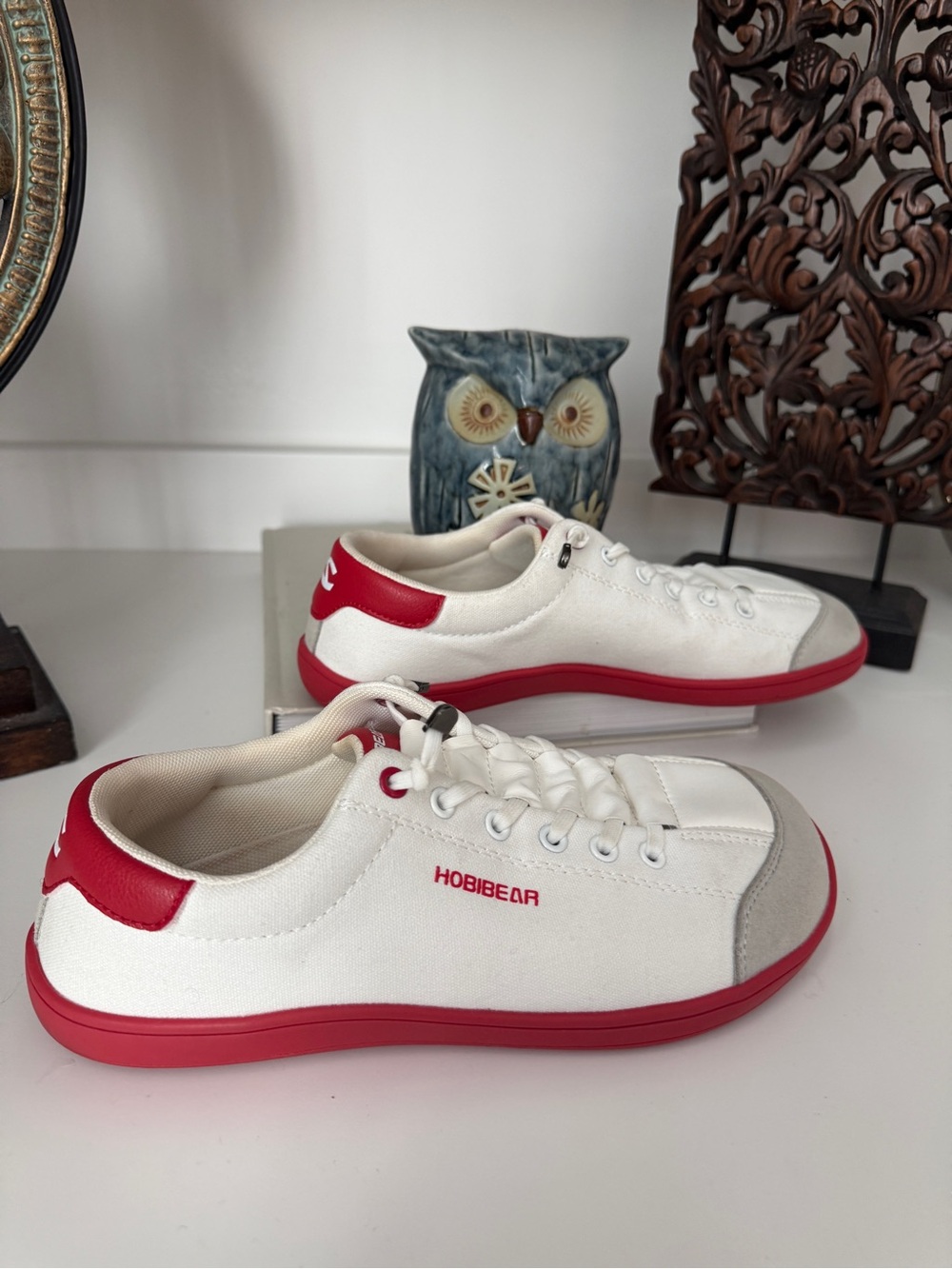 Hobibear White and Red Lightweight Sneakers | Minimalist Lace Up Casual Shoes - Picture 3 of 6